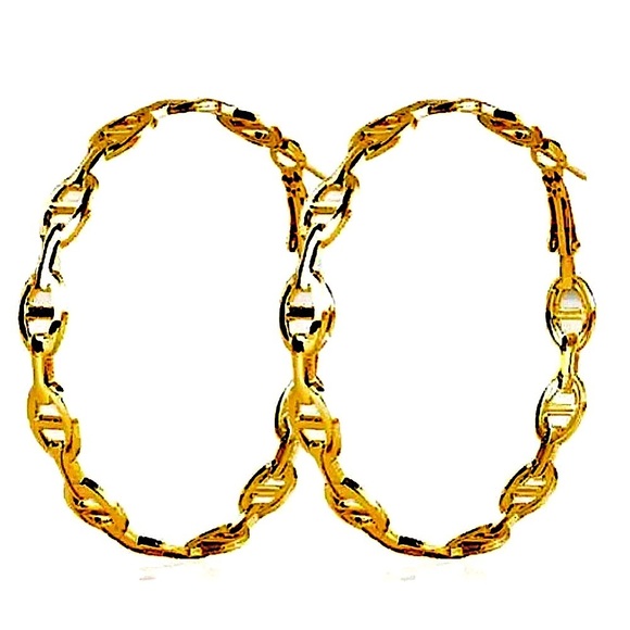 Chain Link Pig Nose Gold Plated Hoop Earrings - Picture 2 of 4